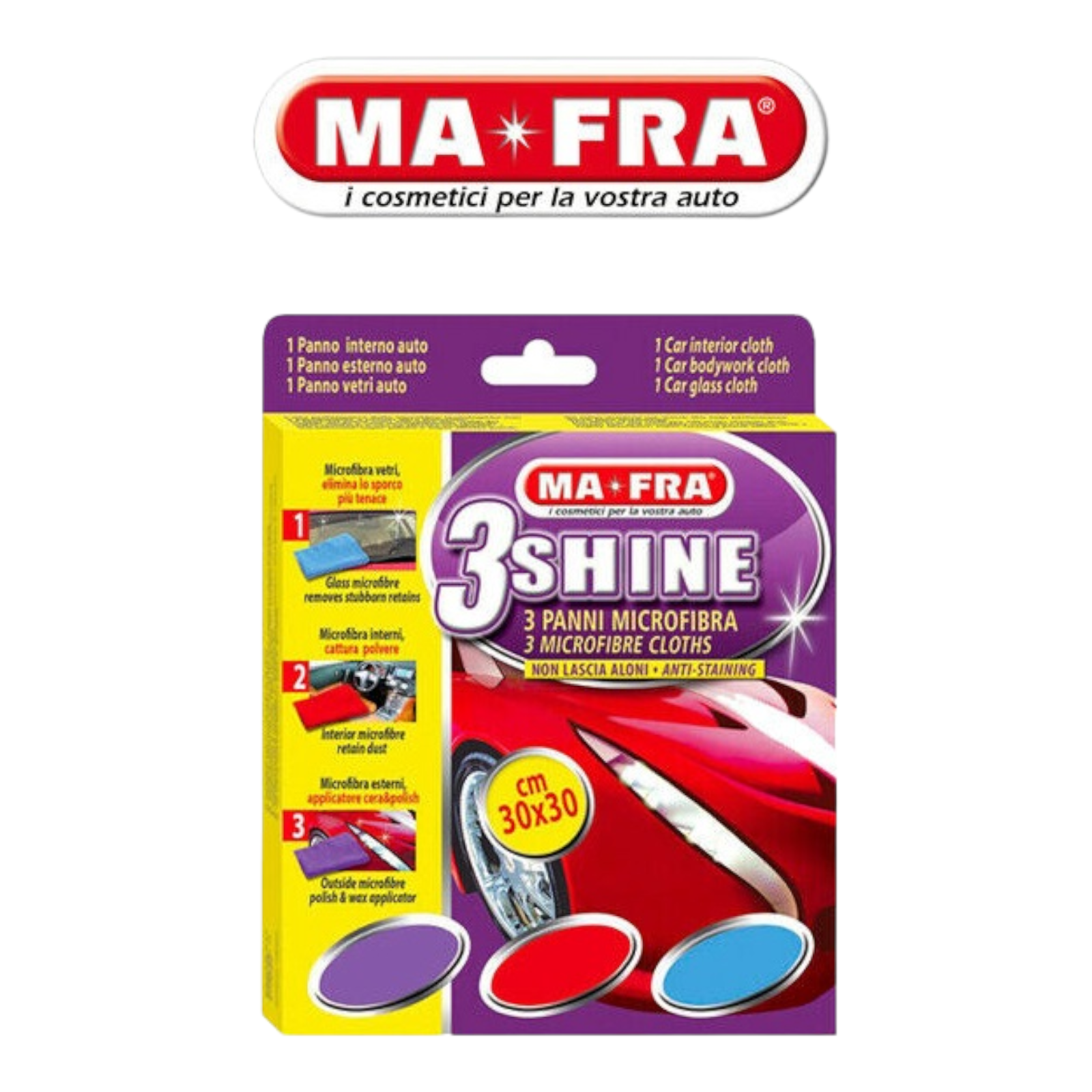 3 SHINE - 3 PANNI MICROFIBRA - interni, esterni e vetri auto